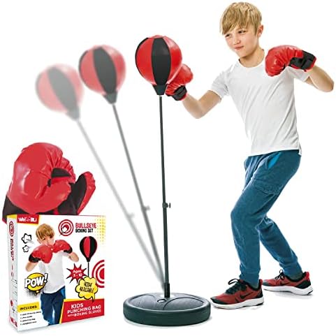 Whoobli Punching Bag for Kids Incl Boxing Gloves | 3-10 Years Old Adjustable Kids Punching Bag with Stand | Boxing Bag Set Toy for Boys & Girls (Red Black)