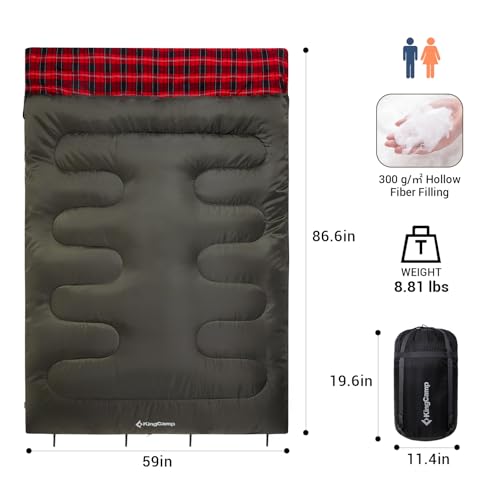 Image of KingCamp Double Sleeping Bag for Adults, Queen Size 2 Person XXL Flannel Sleeping Bag, Waterproof Lightweight Flannel Quilt with 2 Pillows, Perfect for Couples Family Camping Hiking