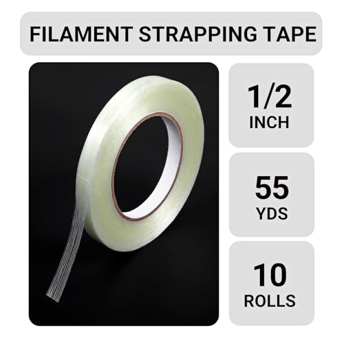 Image of 1 /2 inch Mono Filament Strapping Tape, Heavy Duty Reinforced Filament Tape, Clear Fiberglass Reinforced Packing, (10 Rolls)