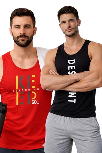 Image of Glito Polyester Letter Printed Vest for Men - Pack of 2 - Black & Red | Round Neck | Sleeveless | Regular Fit | Summer & Gym Wear Tank Top for Men