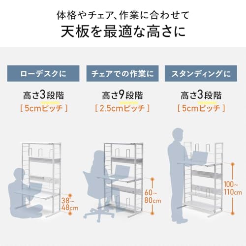 サンワダイレクト パソコンデスク 幅85×奥行50cm 天板高さ調整可能 棚2段付き 耐荷重60kg 有孔ボード クランプ取り付け対応 ローデスク ホワイト 100-DESKH086W [4]