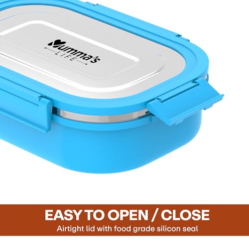 Image of Mumma's LIFE Stainless Steel Tiffin Box with 4 Side Lock Lid, 910 ml and Inner Stainless Steel Container, 135 ml, Food Grade | Air Tight | Easy to Carry | Leak Proof (Kiddy Lunch Box Blue)
