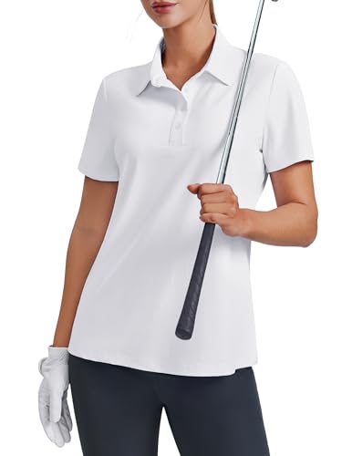 PINSPARK Womens 4 Buttons Golf Polo Shirts UPF 50+ Quick Dry Athletic Tennis Tops Collared Pickleball T Shirt, White, XX-Large