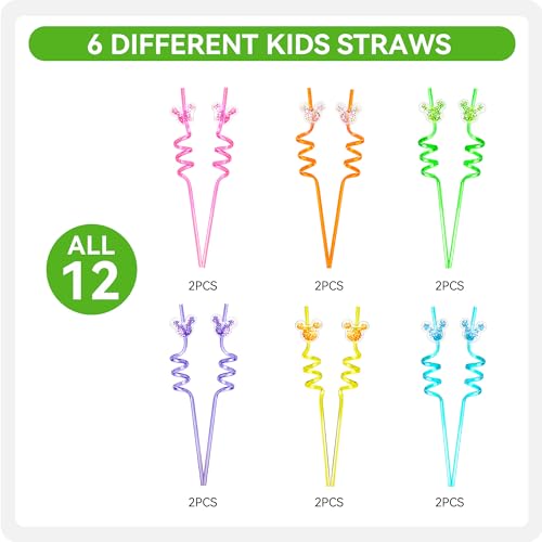 Image of 12 PCS Glitter Mouse Ear Straws, Reusable Spiral Crazy Straws | Straw with Cute Sparkle Ears, Fun Birthday Party Favors for Boys Girls, Cartoon Theme Party Supplies Decorations