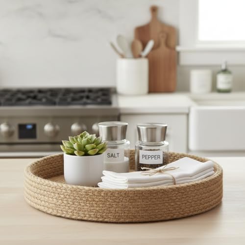 Image of BOBBINY Decorative Round Rope Tray for Decor - Rope Tray for Kitchen Dining Room Table - The Perfect Small Candle Serving Tray for Coffee Table and Home Decor (Peach, 10x10 Inch (Pack of 1))