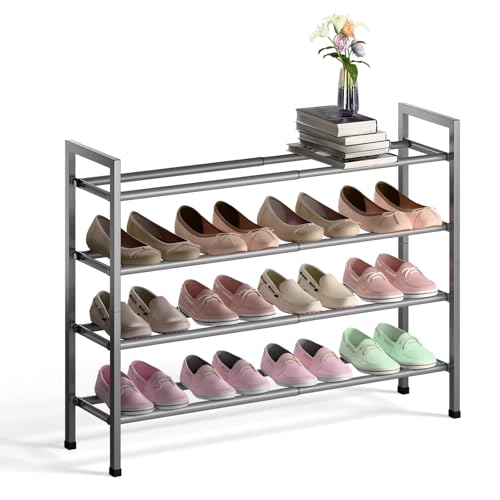Image of Bumusty 4-Tier Expandable Shoe Rack for Closet, 18 inch-33 inch Adjustable Shoe Rack for Small Space, Small Shoe Organizer for Front Door, Sturdy Metal, Gray