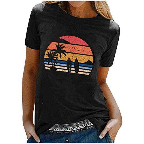 Camiseta de verano para mujer, blusa de verano estampada, manga corta, camiseta de surf, playa, camisa para mujer, blusa para mujer, Negro , L