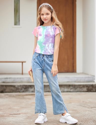 Image of Girls T Shirts Ruffle Short Sleeve Round Neck Loose Blouse Summer Solid Color Casual Girl Tee Tops for 3-12 Years