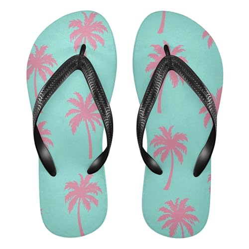 Burbuja Pink Palm Trees on Aqua Flip Flops for Women Men, Soft Thong Sandals Rubber Slippers for Pool Beach Essentials