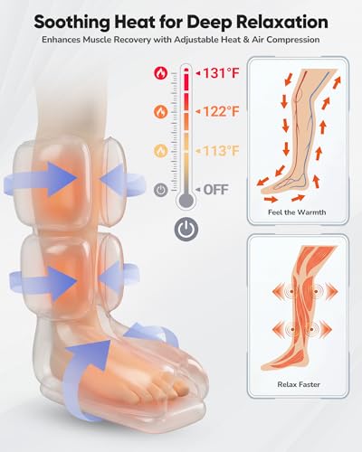 Image of Air Compression Leg Massager with Heat : Foot and Calf Massager for Circulation and Pain Relief - 9 Intensity, 4 Modes, 3 Heating, Vibration, for Sitting /Standing Jobs & Home Use