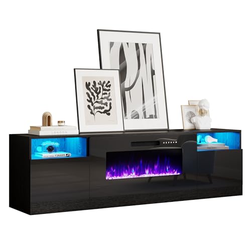 Image of AMERLIFE Fireplace TV Stand with 36 inch Electric Fireplace, LED Light Entertainment Center, Modern Wood Texture Entertainment Stand with Highlight Storage Cabinet for TVs Up to 80 inch, 70 inches, Black