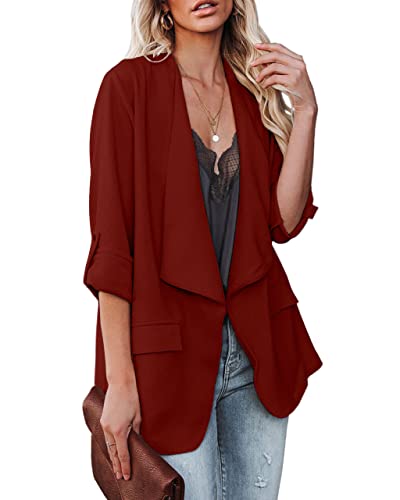 Womens Casual Blazer Jackets Roll Up Long Sleeve Open Front Work Office Business Blazers with Pockets Red