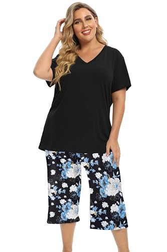 Image of Vozanet Women's Pajamas Set Soft V Neck Sleepwear Top and Capri Pj Lounge Sets Cartoon Heart Shape Cat Nighty Plus Size