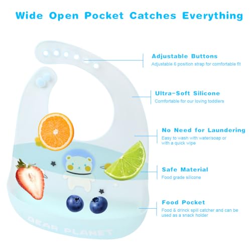 Miniatura 3 de Vicloon Baberos De Alimentación Para Bebés, 2pcs Baberos De Silicona Con Recolector Alimentos, Impermeables Suave Ajustable Fácil De Limpiar, Baberos Para Bebes Unisex, Oso Y Dinosaurio