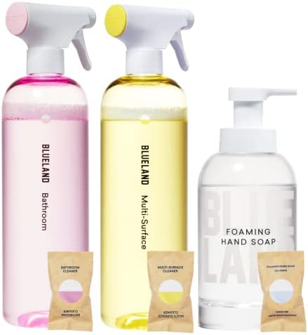 BLUELAND Clean Home Kit (3 Reusable Bottles + 3 Tablet Refills) Natural All Purpose Cleaner for Kitchen and Counters, Bathroom Cleaner for Shower and Sink, and Foaming Hand Soap