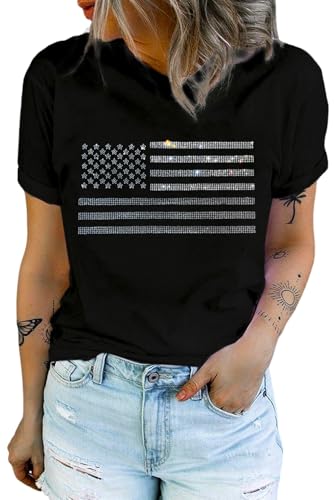 Foenlintenso Womens T-Shirt Casual Black Glittering Rhinestone American Flag Pattern T Shirt Round Neck Flag Daily Graphic Tees Tops L