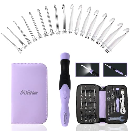 Knitiss Beleuchtetes Häkelnadel-Set 17 Größen 2 5 mm ~ 14 0 mm leuchtende Häkelnadeln mit austauschbaren Metallköpfen