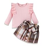 HPSOM Baby Kinder Mädchen Kleidung Set Ruffle Gerippt Langarm Top Fliege karierten Rock 2PCS Frühling Herbst Kleinkind Outfits Set