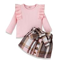 HPSOM Baby Kinder Mädchen Kleidung Set Ruffle Gerippt Langarm Top Fliege karierten Rock 2PCS Frühling Herbst Kleinkind Outfits Set