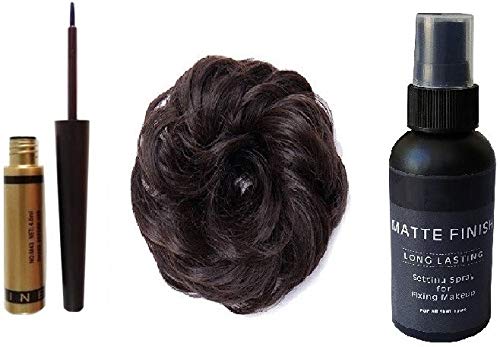 Sheny GOLD WATER PROOF LIQUID EYELINER 4.8 ml (GOLD), Synthetic Hair Bun Extension Artificial Juda For Women And Girls, 35 Gram, Natural Black and Fixing Spray F