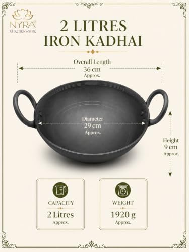 Image of NYRA Natural Traditional Black Iron Kadhai for Cooking Handmade Heavy Base Loha Kadai Lokhand /Lokhandi with Handle (Large - 2 LTR)