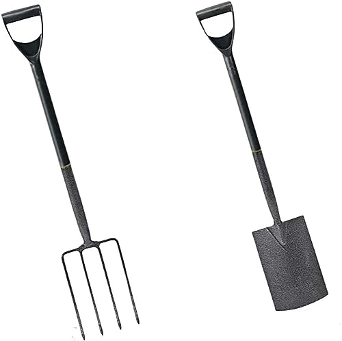 AAMEN Heavy Duty 2 Piece Fork Spade Set, Garden Tools For Gardening, Carbon Steel Fork & Spade Garden Digging Set, Garden Border Fork & Spade, Comfortable & Solid D-Grip, Garden Shovel (102x10x18cm)