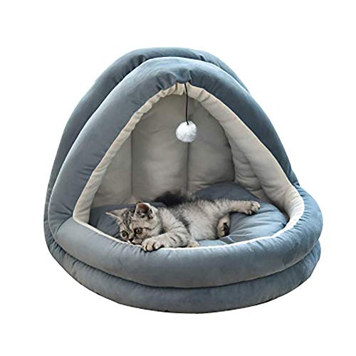 Monba Lit igloo en velours doux pour chat, chaton, petit chien, canapé confortable avec coussin amovible, lavable, bleu marine, S : 38 x 33 x 33 cm
