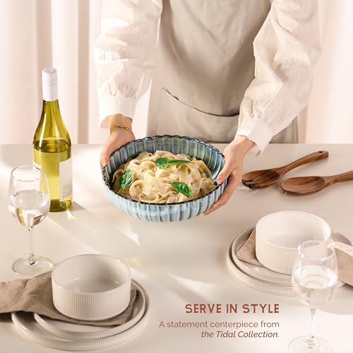 Serving Bowls, Durable Ceramic, Large, Microwave and Dishwasher Safe, Scalloped Shell Shape, Ombre Blue, 70 oz, Set of 2, Tidal Collection - Image 3