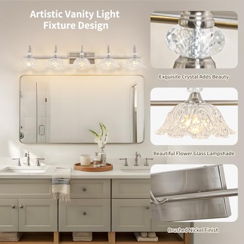 Image of Brushed Nickel 5-Light Bathroom Vanity Light with Floral Clear Glass Shades, Brushed Nickel Wall Mount Lighting for Bathroom, Dressing Table