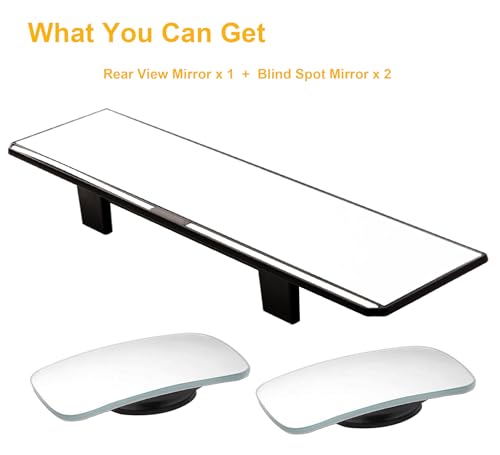 Image of Kitbest Rear View Mirror,11.8 Inch Panoramic Rearview Mirror Clip On Car Mirror - Universal Wide Angle Car Mirror - Flat- For Cars, SUV, Trucks (Bonus 2 PCS Blind Spot Mirrors - Square)