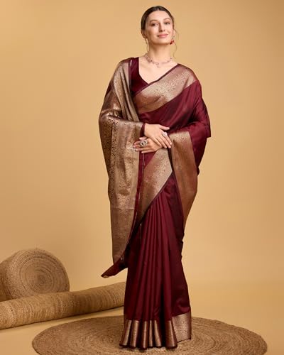 Image of SWORNOF Women's Silk Kanjivaram Kanchipuram Saree With Blouse Piece