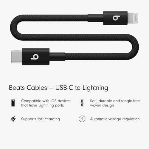 Image of Beats USB-C to Lightning Woven Short Cable Fast Charging Durable /Tangle-Free Compatible Charger for Apple Devices w Lightning Ports (8 in, 20 cm) - Bolt Black