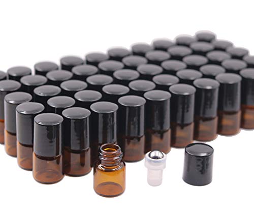 50 Pack 1ml Amber Glass Vials Roll On Bottle,Glass Roller Bottle With Stainless Steel Roller Ball,Black Cap Lid-Perfect Sample For Essential Oils,Aromatherapy,No Leak,Free Opener&Dropper