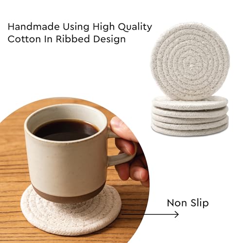 Image of Encasa XO Drink Coasters Set of 6 | Off White with Round (9 cm) | Handcrafted Ribbed Cotton | Absorbent & Heat-Resistant | Use for Tea, Coffee Table & Desk