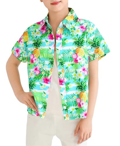 Image of Boy Girl Hawaiian Shirt Tropical Button Down Blouse Summer Casual Beach Shirt Kid Short Sleeve Top Size 5-14 Years