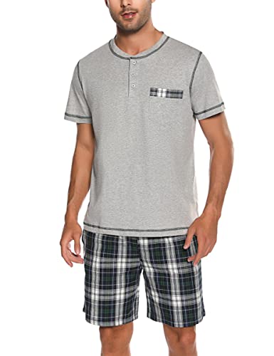 Litherday Pijama Hombre Verano Algodón Pijamas Hombre Corto Manga Conjunto de Pijama Hombre a Cuadros Ropa de Dormir 2 Piezas Bolsillos para Hombre, Gris, XL