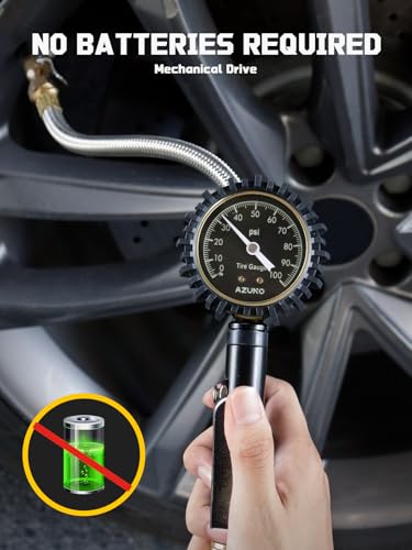 Image of Analog Tire Inflator Gauge with Steel Braided Hose, 100 PSI Mechanical Tire Pressure Gauge - 3-in-1 Inflate /Deflate /Measure, 2.6 inch Glow Dial, Air Chuck for Car, Truck, SUV, RV, Bike (with Case)