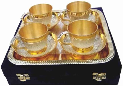 Image of Silver Plated Cup Saucer Set with Tray in Velvet Box | Cup Saucer Set of (4 Cups + 4 Saucer + 1 Tray) | Luxury Handcrafted | Dishwasher Safe | Ideal for Daily Use & Gifting |