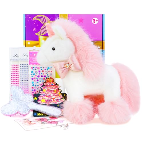 Einhorn Geschenke für Mädchen 3 4 5 6 7 8 9 10 11 12 Jahre, Verkleiden Spielzeug Geschenkset mit Kuscheltier, Halskette, Kamm, DIY Sticker, Geschenk Plüschtier für Geburtstag, Weihnachten, Ostern