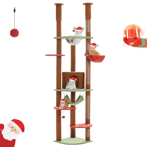 PEQULTI Árbol para gatos de piso a techo, altura ajustable, torre de hongo para gatos, casa de juegos con postes rascadores, condominio acogedor, perchas y hamaca grande para gatos de interior, color