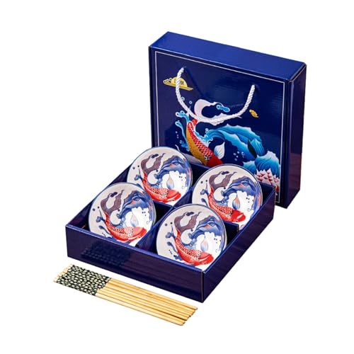 XFZJCHAP Set di 4 ciotole di riso in ceramica con confezione regalo, ciotole per stoviglie con motivo carpa portafortuna, ciotole da portata per cereali, zuppe, dessert, snack, frutta