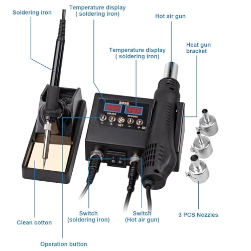 Image of Serplex 2-in-1 Soldering Station With LCD Display, 600W Hot Air Gun, Adjustable Temperature, Divided Switches, Fast-Heat, 3 Nozzles (5 /8 /10mm) & Holder, For SMD PCB Electronics Repair & Welding