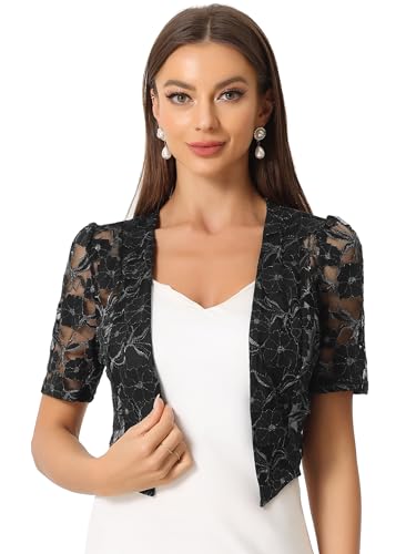 Image of Allegra K Lace Shrug Top for Women's Elegant Sheer Short Sleeve Shiny Floral Crop Cardigan