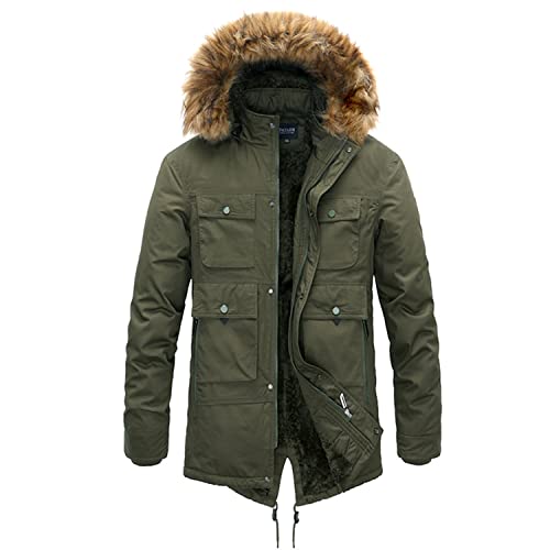 Lu's Chic Men's Winter Jackets & Coats Cotton Warm Plush Fleece Lined Slim Fit Long Parka Jacket with Detachable Fur Hood