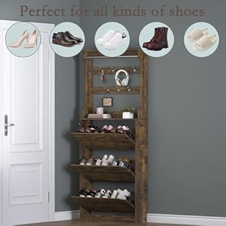 BORNOON Shoe Cabinet with 3 Flip Drawers & Coat Rack, Narrow Hidden Shoe Storage Cabinet, 2-in-1 Hall Tree Slim Freestanding Shoe Rack Organizer for Entryway, Hallway, and Living Room