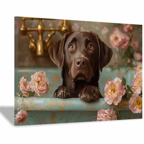Toile labrador chocolat baignoire fleurie déco murale salon et chambre