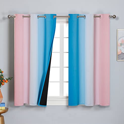 Image of Ombre Pink and Blue Blackout Curtains 45 Inches Long, Full Light Blocking Curtains for Bedroom, Wavy Line Pattern Grommet Thermal Insulated Gradient Drapes for Living Room,42x45 Inch, 2 Panels
