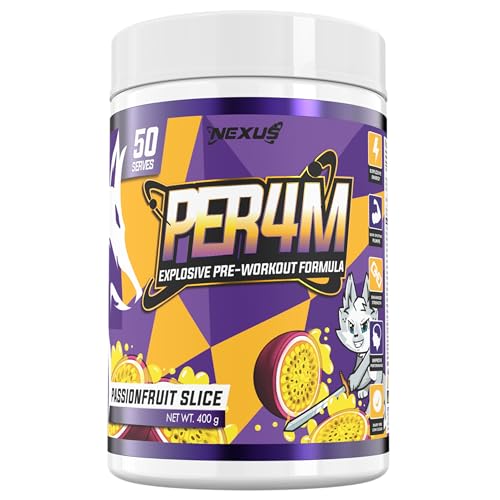 Nexus PER4M Pre Workout Powder Supplement, English Walnut, Alpha GPC, Caffeine Anhydrous, L-citrulline, Beta Alanine, Taurine, L-Tyrosine, Dairy & Gluten-Free, 50 Servings (400g) (Passionfruit Slice)