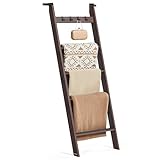 VASAGLE Blanket Ladder Shelf, 5-Tier Ladder Rack for Storage and Decor with 4 Removable Hooks, Decorative Farmhouse for The Living Room, Maroon Brown ULLS028K01