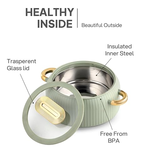Image of CELLO Castella Deluxe Insulated Steel Casserole Case Set of 3 Pcs, Green (1000ml, 1500ml, 2500ml) | Airtight See Through Lid, Hot Pot Box Keeps Food Hot & Warm, Casserole Set for Roti Chapati Rice